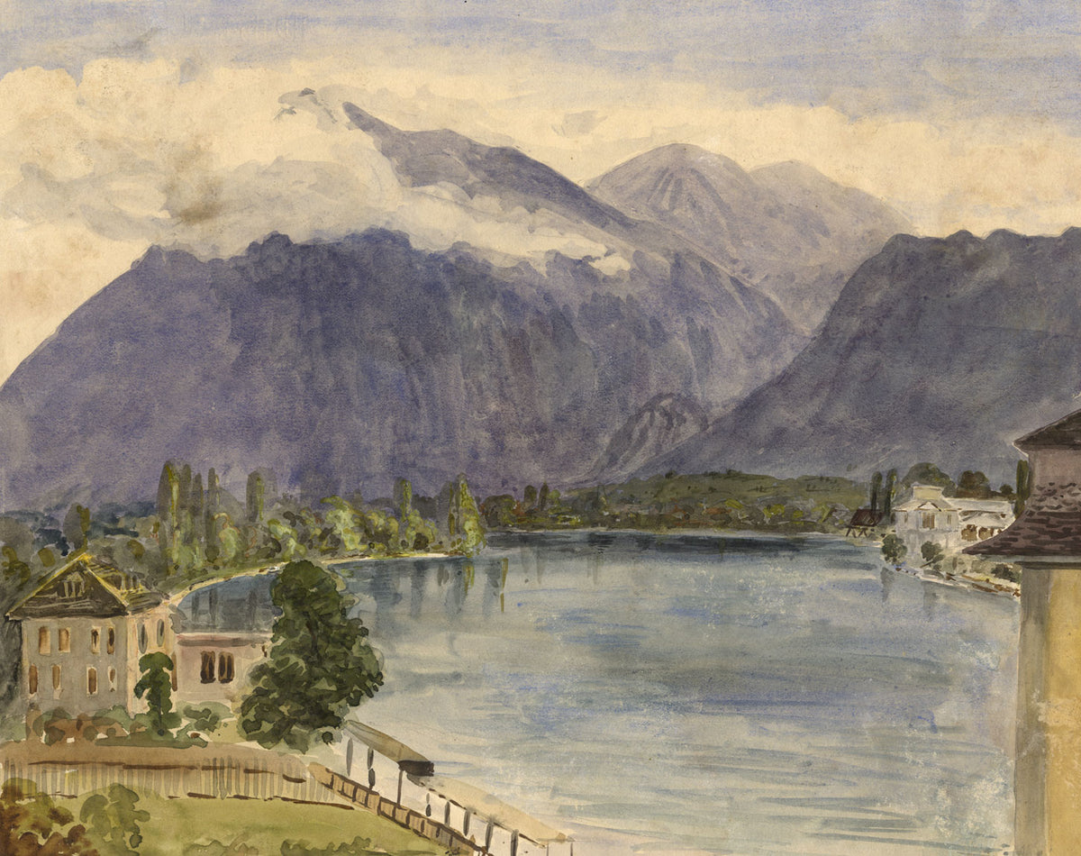 F. Devis, Lake Geneva View with Villa, Switzerland – 1860s watercolour painting