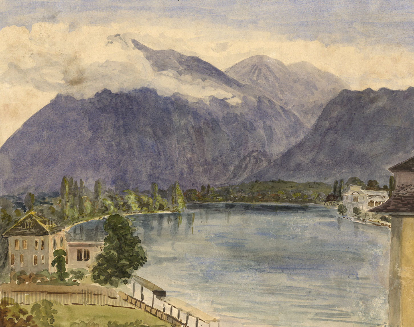 F. Devis, Lake Geneva View with Villa, Switzerland – 1860s watercolour painting