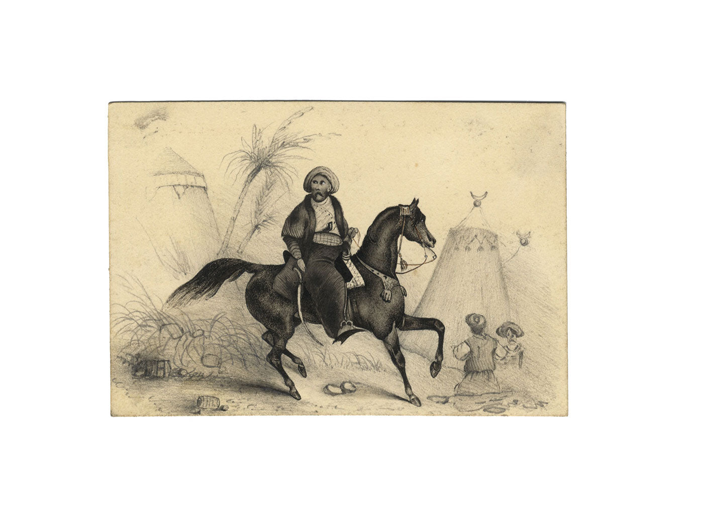 Persian Horseman in Camp – Original 19th-century pen & ink drawing