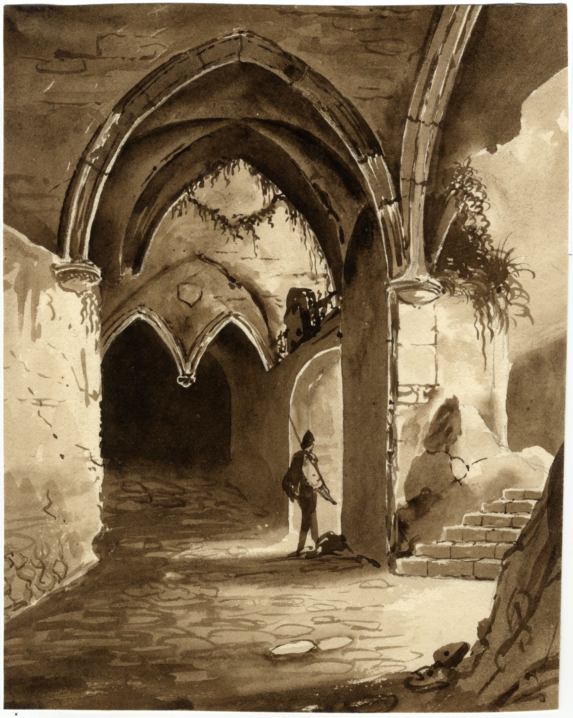 Pittoresca rovina ad arco con figura – acquerello dei primi del XIX secolo