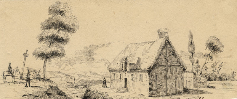 O.S., Landscape with Thatched Cottage, France – early 19th-century ink drawing