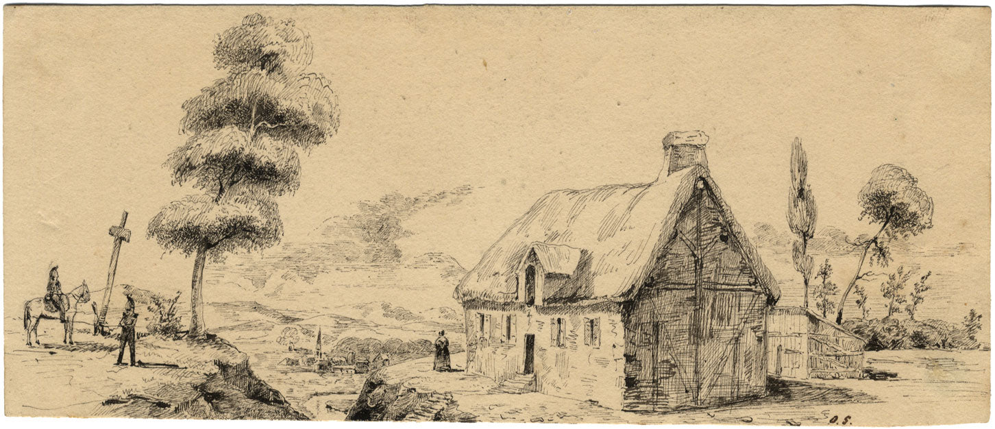 O.S., Landscape with Thatched Cottage, France – early 19th-century ink drawing