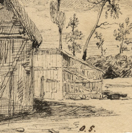 O.S., Landscape with Thatched Cottage, France – early 19th-century ink drawing