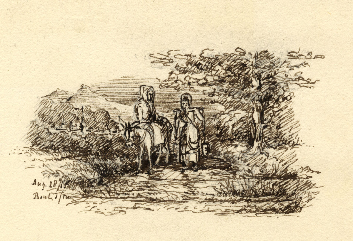 Travelling Milkmaids with Donkey – Original 1815 pen & ink drawing