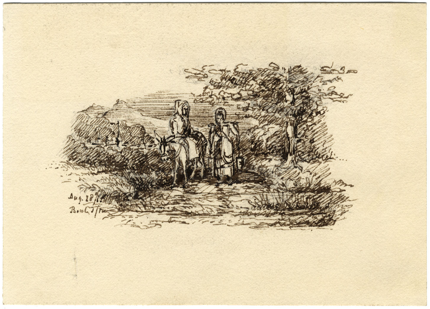 Travelling Milkmaids with Donkey – Original 1815 pen & ink drawing