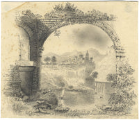 Capricho pintoresco con arco en ruinas: dibujo a grafito de principios del siglo XIX