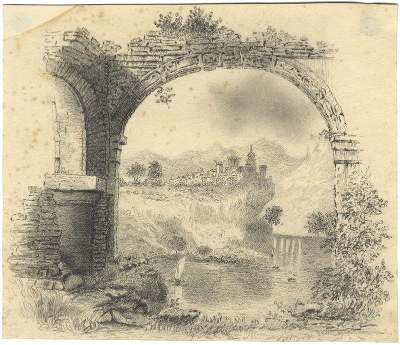 Capricho pintoresco con arco en ruinas: dibujo a grafito de principios del siglo XIX