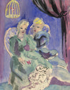 Theatrical Ladies with Bird Cage – Original mid-20th-century gouache painting
