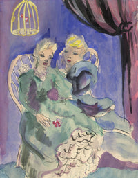 Theatrical Ladies with Bird Cage – Original mid-20th-century gouache painting