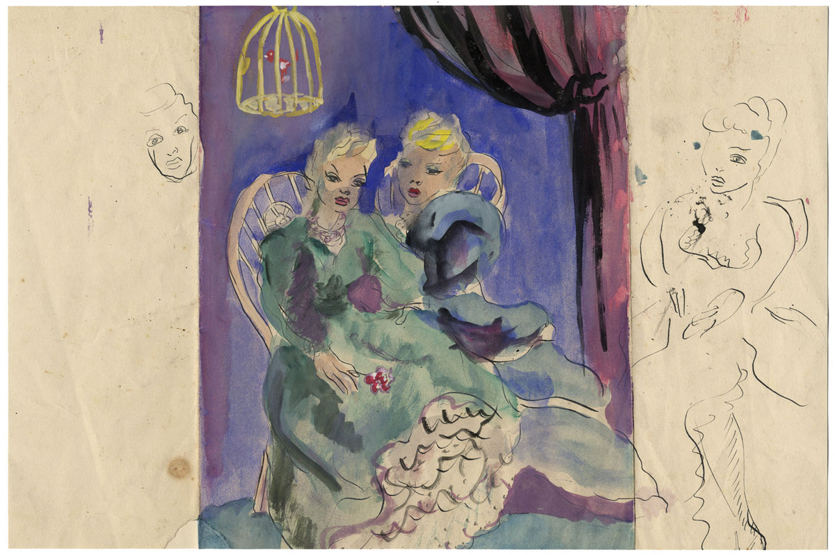 Theatrical Ladies with Bird Cage – Original mid-20th-century gouache painting