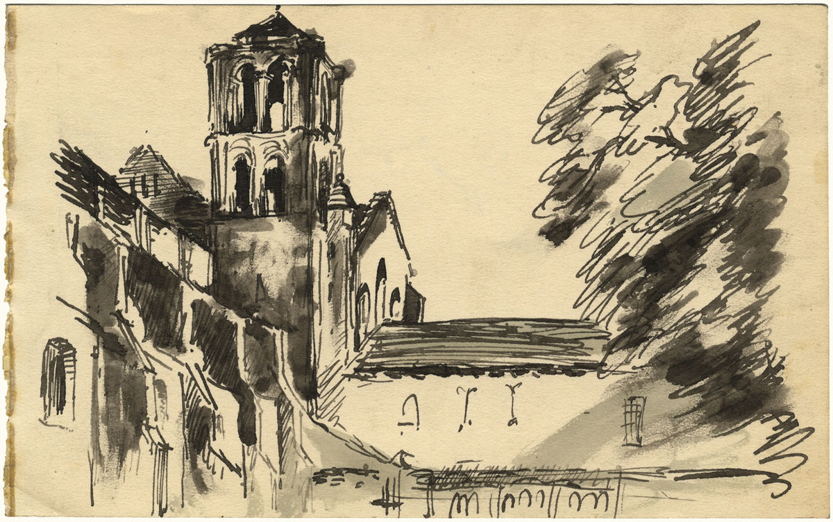 James Ardern Grant, Vézelay Abbey, Yonne, France – early C20th pen & ink drawing