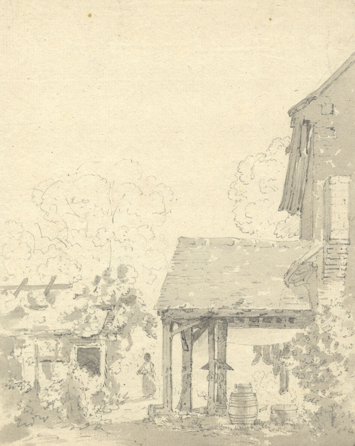 John Monro, Water Well with Hanging Laundry – early 19th-century watercolour