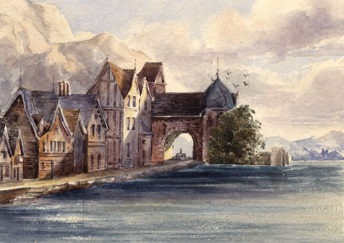 Continental Gatehouse by Water – Original mid-19th-century watercolour painting