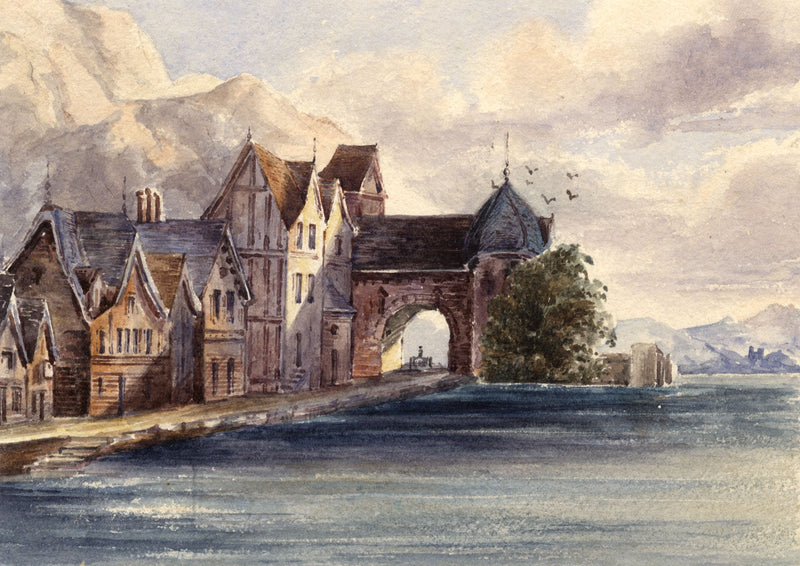 Continental Gatehouse by Water – Original mid-19th-century watercolour painting