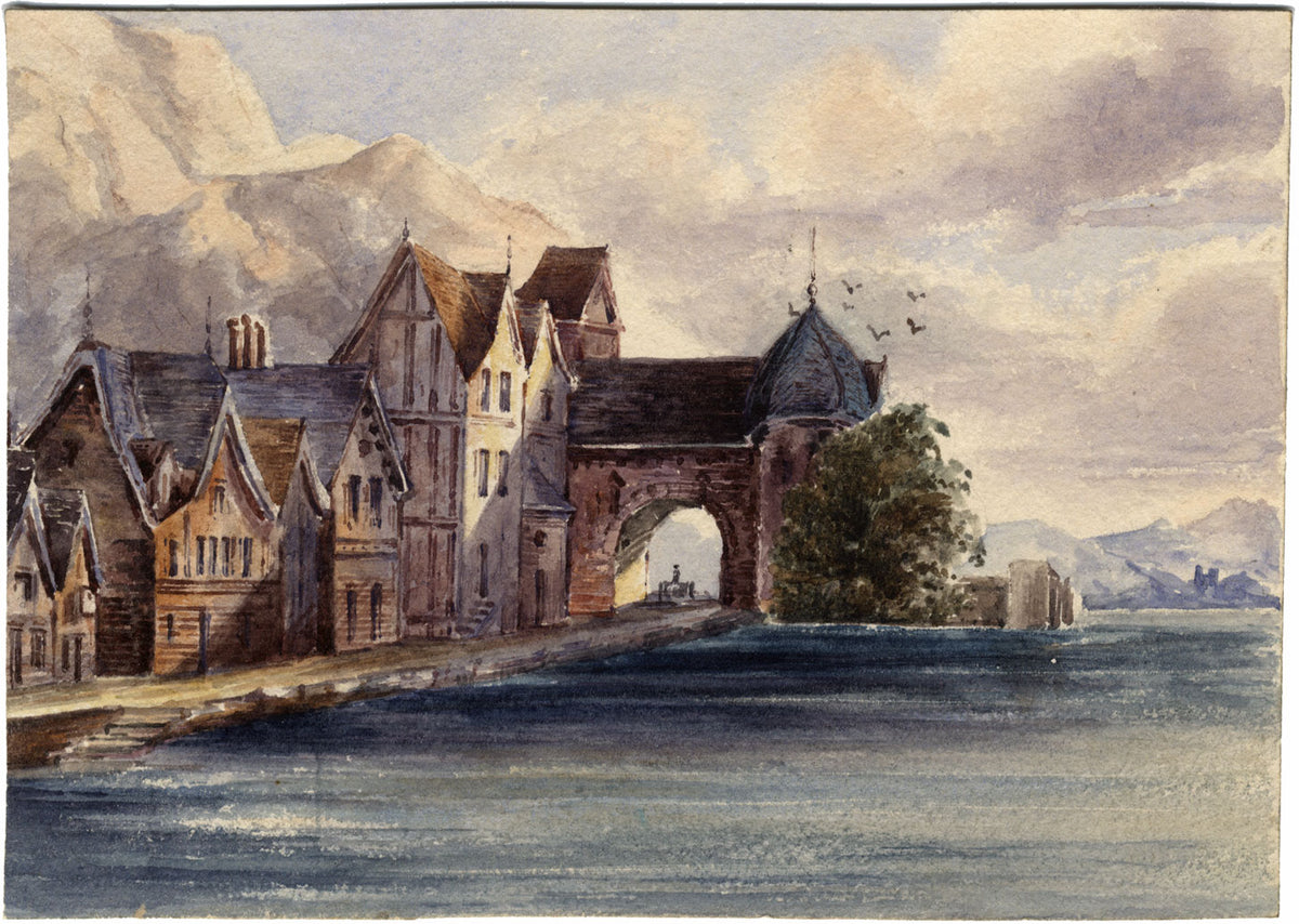 Continental Gatehouse by Water – Original mid-19th-century watercolour painting