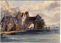 Continental Gatehouse by Water – Original mid-19th-century watercolour painting