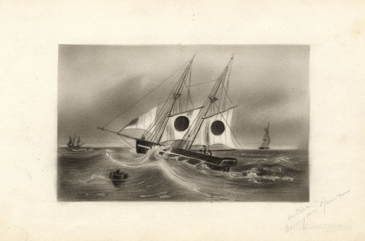 Sailing Ketch, Boulogne-sur-Mer, France – mid-19th-century charcoal drawing