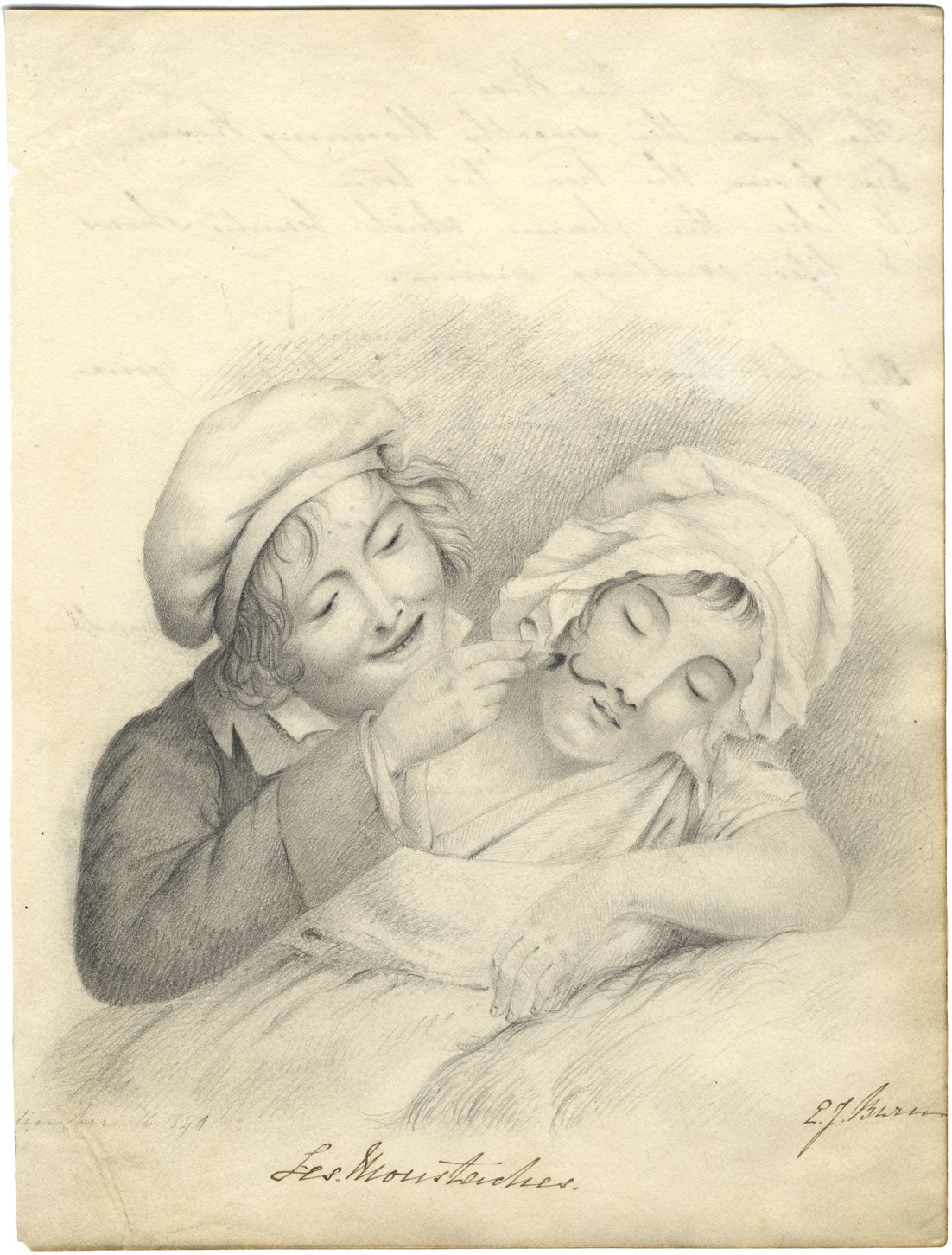 E.J. Burn, 'Les Moustaches' – Original 1841 graphite drawing