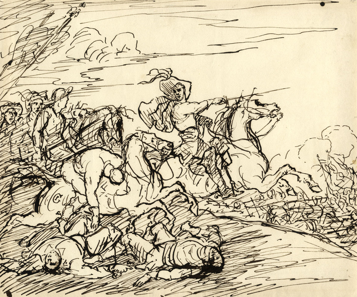 John Grant, Cavalry Battlefield Scene – mid-19th-century pen & ink drawing