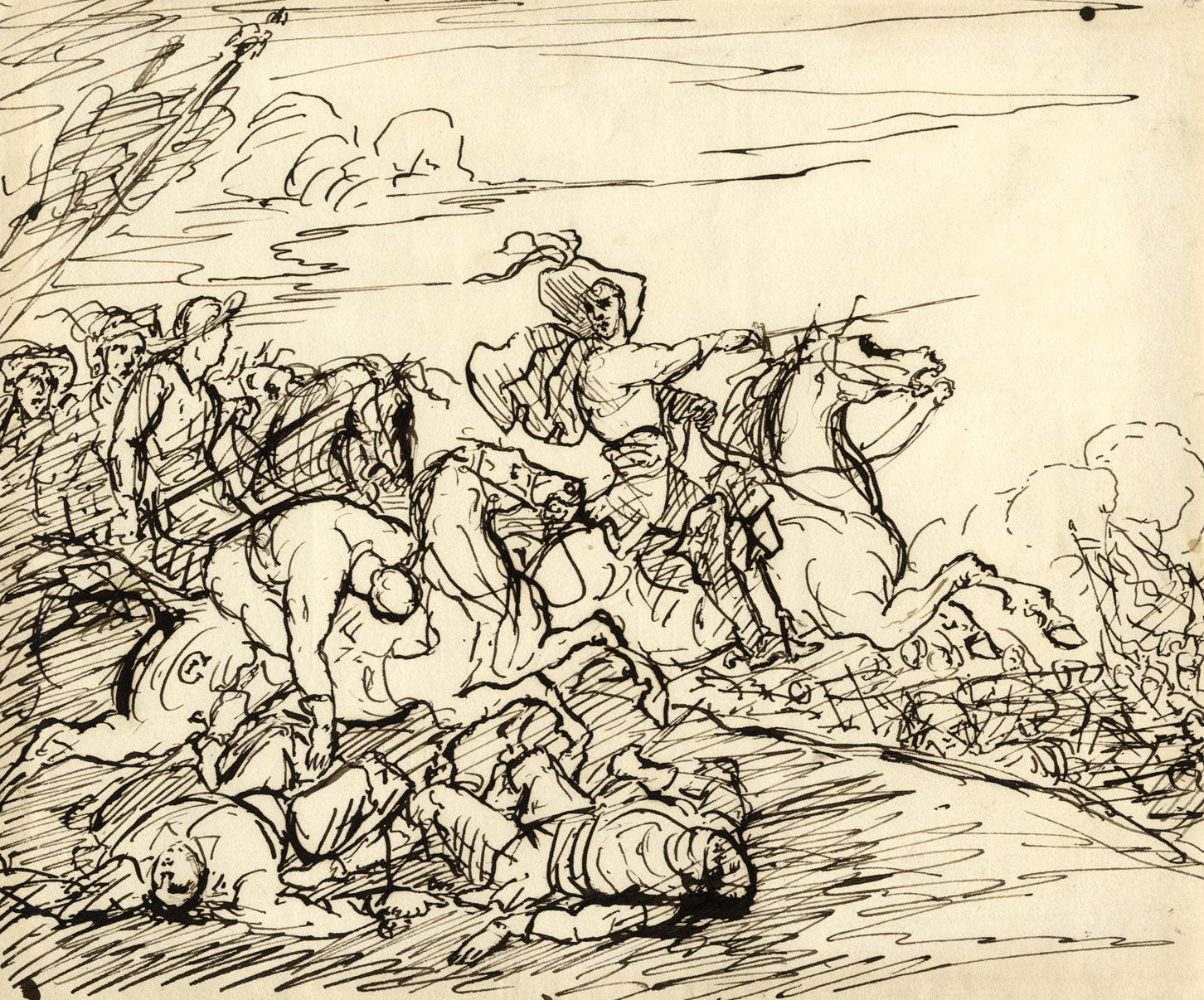 John Grant, Cavalry Battlefield Scene – mid-19th-century pen & ink drawing