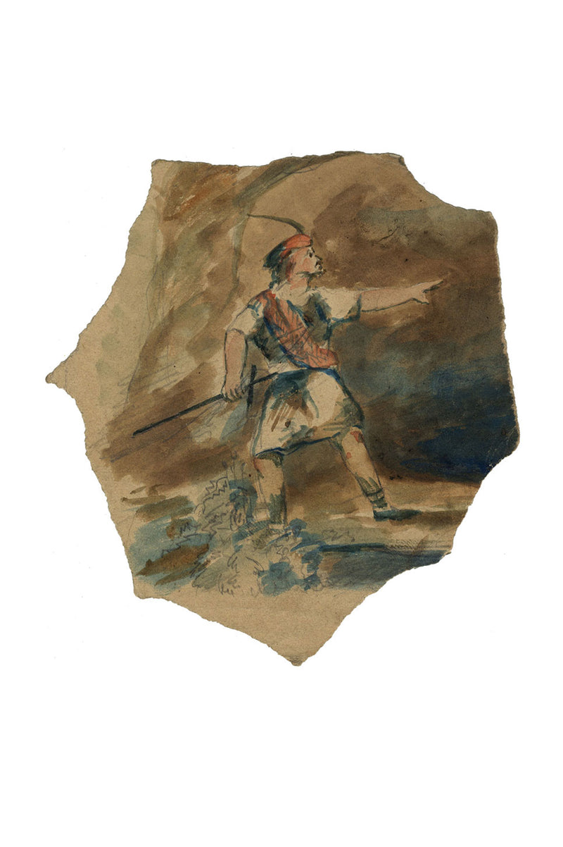 Scottish Clansman with Crann Tara Fiery Cross –19th-century watercolour painting