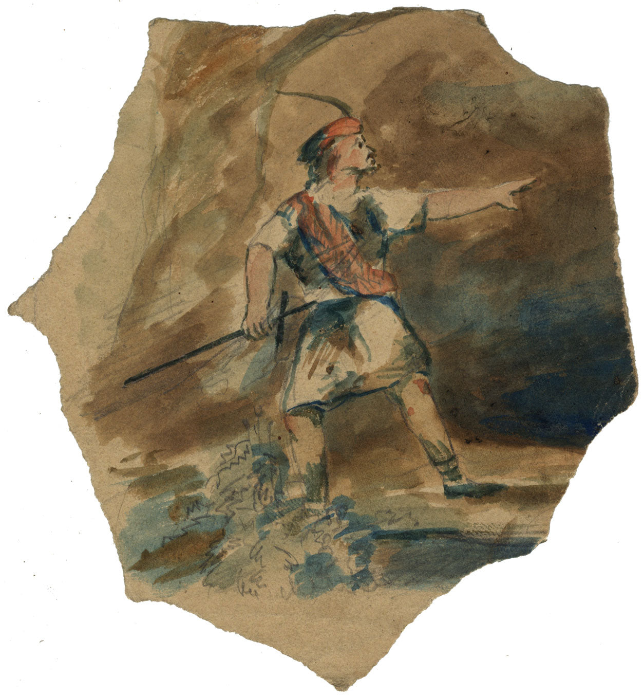 Scottish Clansman with Crann Tara Fiery Cross –19th-century watercolour painting