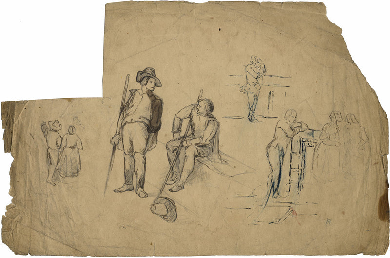 Figure Studies: Men with Quarterstaffs – Original 19th-century pen & ink drawing