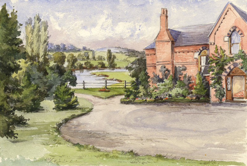 Red-brick Country House by River – Original 19th-century watercolour painting