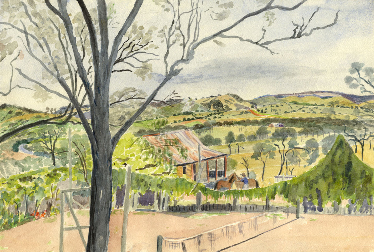 Stan Simpson, Caboonbah Tennis & Saddling Yard, Qld Australia –c1944 watercolour