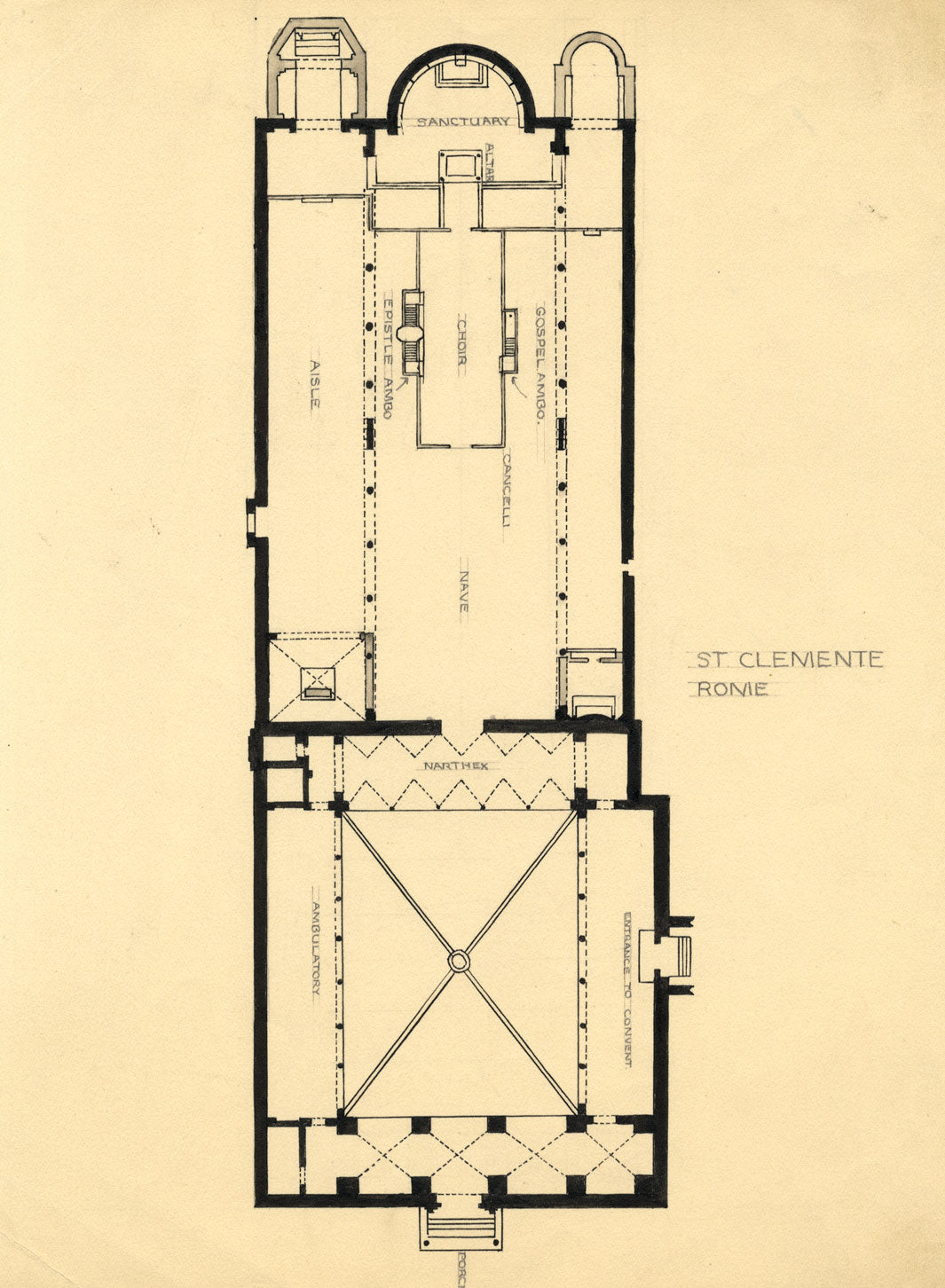 Architectural Plan, Basilica of Saint Clement, Rome – c.1920s pen & ink drawing