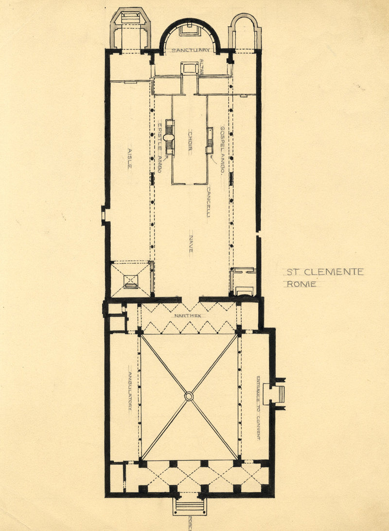Architectural Plan, Basilica of Saint Clement, Rome – c.1920s pen & ink drawing