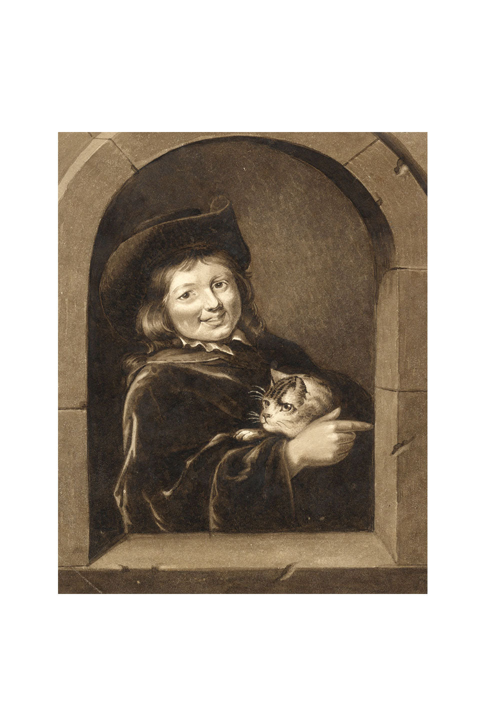 F.M.H., Boy with Cat Niche Painting after Gerrit Dou – c.1830s watercolour