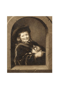 F.M.H., Boy with Cat Niche Painting after Gerrit Dou – c.1830s watercolour