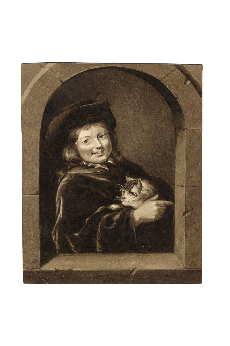 FMH, Ragazzo con gatto, dipinto in nicchia da Gerrit Dou – acquerello del 1830 circa