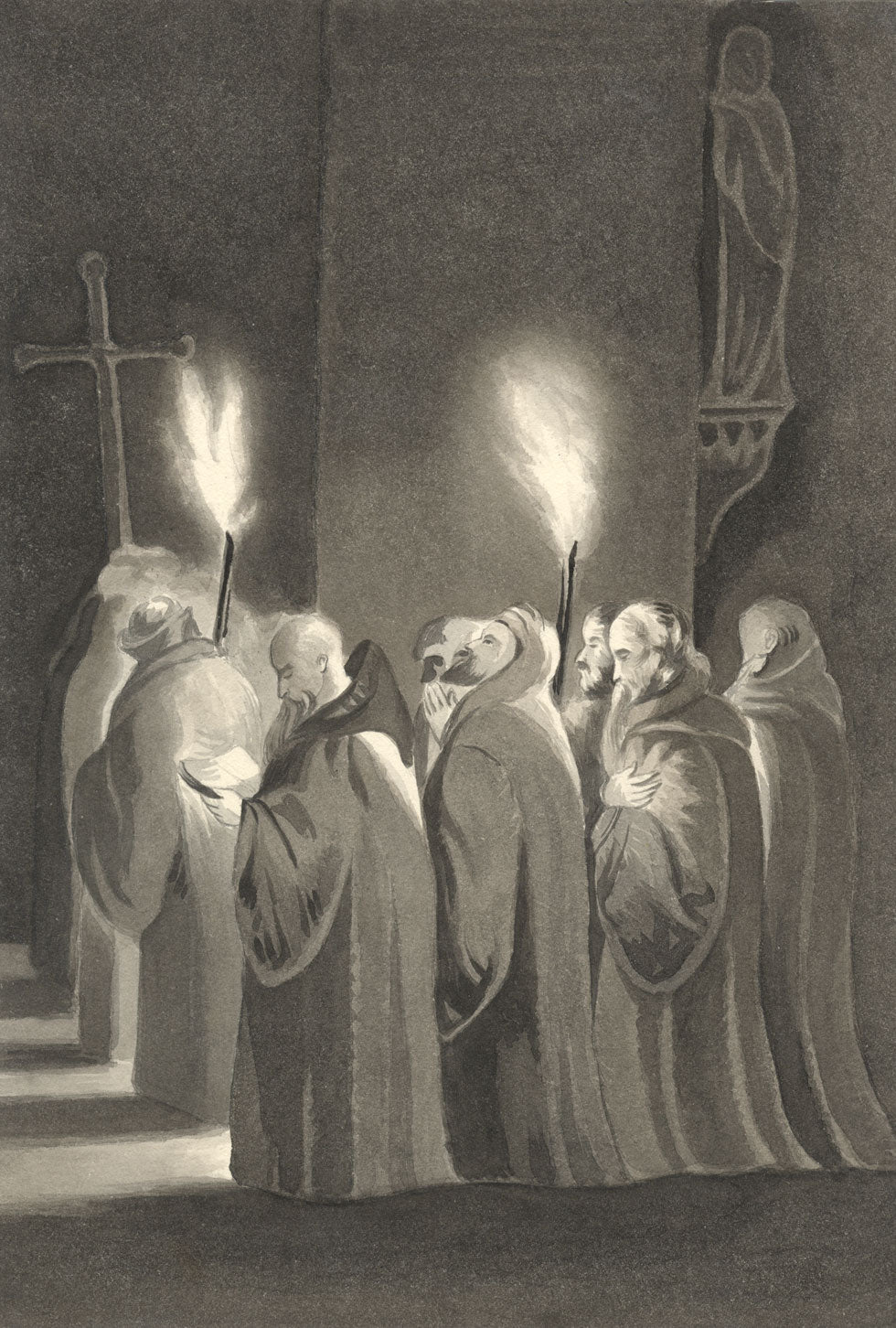 Attrib. Mary Heber, Carthusian Monks by Torchlight –c.1830s watercolour painting