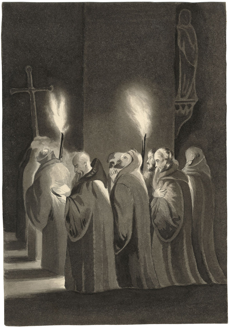 Attribuzione di Mary Heber, Monaci certosini alla luce delle torce – acquerello del 1830 circa