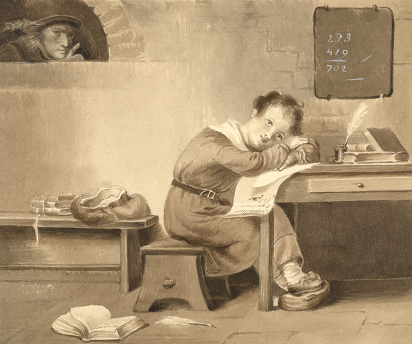 Attrib. Mary Heber, Dutch Schoolroom with Dreaming Boy – c.1830s watercolour
