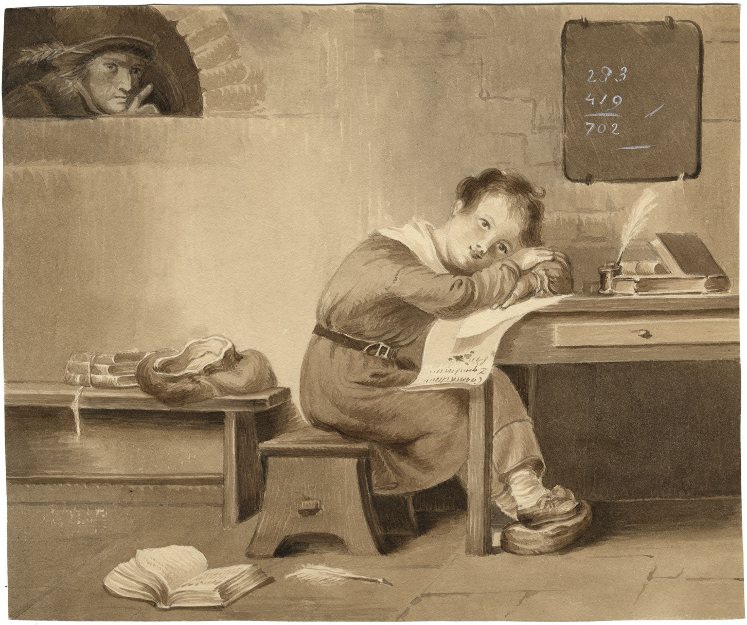 Attrib. Mary Heber, Dutch Schoolroom with Dreaming Boy – c.1830s watercolour