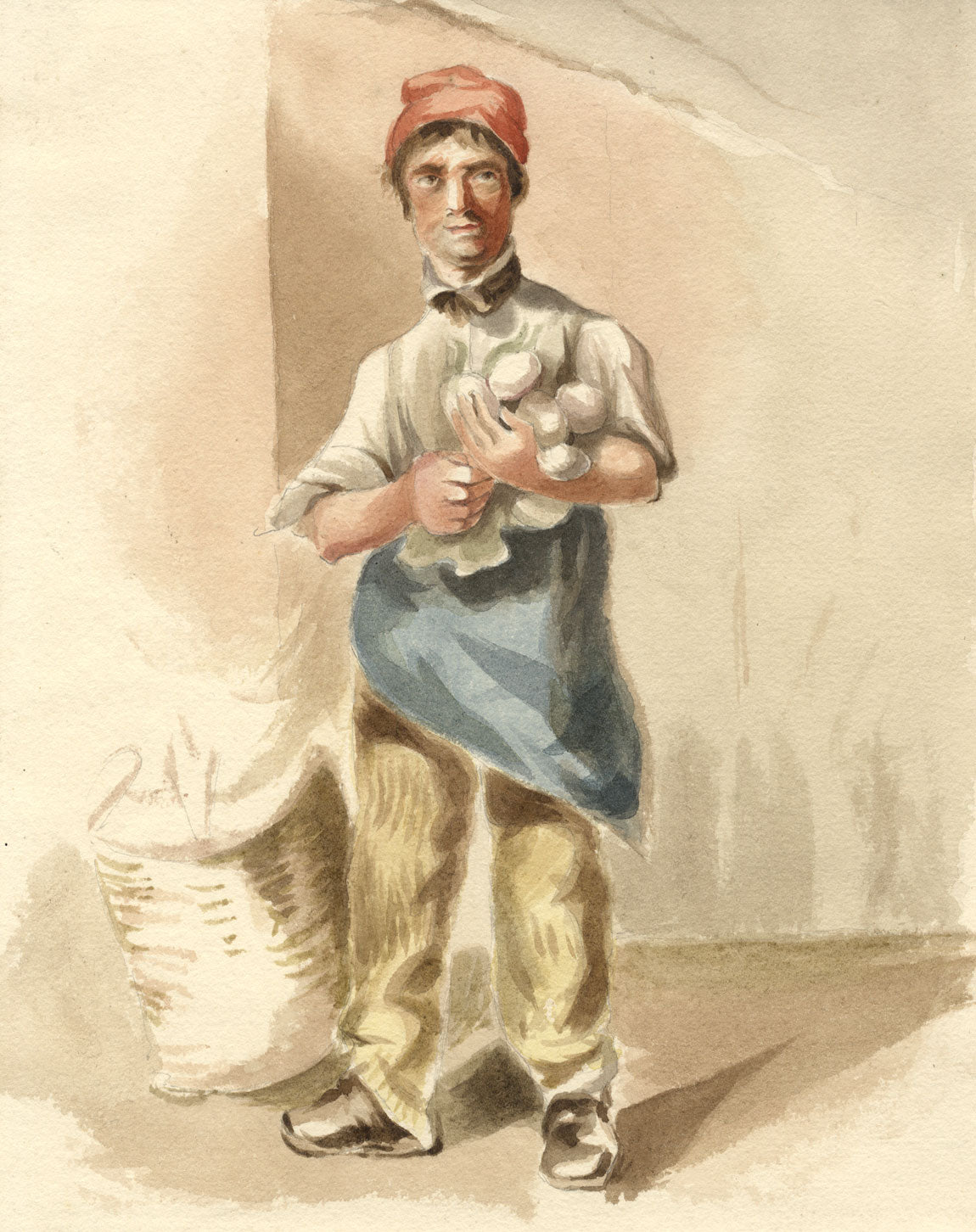 Attrib. Mary Heber, Portrait of a Baker in a Red Cap – c.1830s watercolour