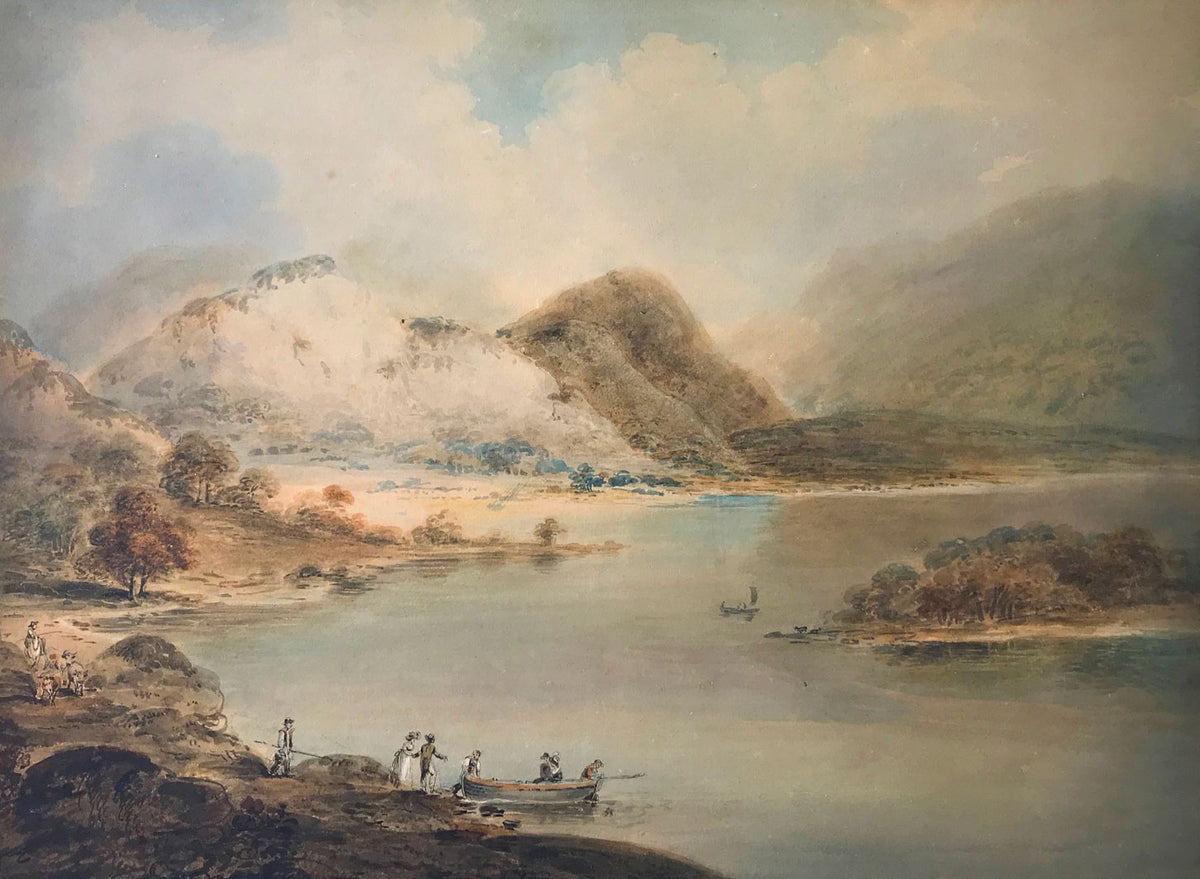 William Anderson, Figures Boarding Ferry in a Landscape –early C19th watercolour