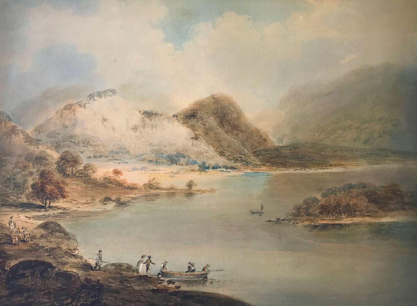 William Anderson, Figures Boarding Ferry in a Landscape –early C19th watercolour