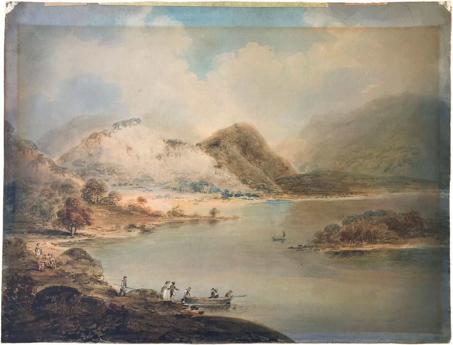 William Anderson, Figures Boarding Ferry in a Landscape –early C19th watercolour