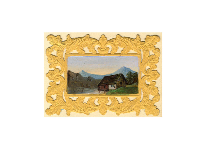 Wooden Cabin By Mountain Lake – Original early 19th-century watercolour painting