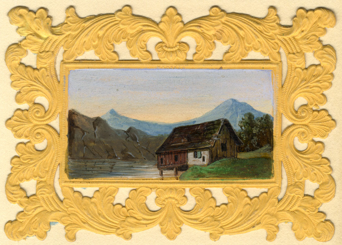 Wooden Cabin By Mountain Lake – Original early 19th-century watercolour painting