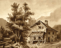 French Farmhouse in Sepia – Original early 19th-century watercolour painting