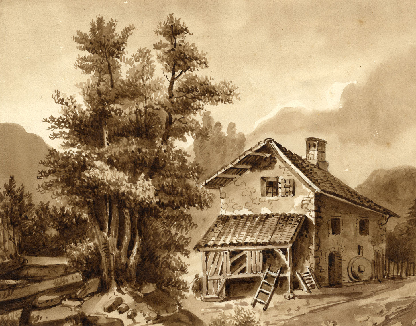 French Farmhouse in Sepia – Original early 19th-century watercolour painting