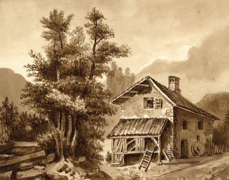 French Farmhouse in Sepia – Original early 19th-century watercolour painting
