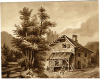 Casa de campo francesa en sepia: acuarela original de principios del siglo XIX