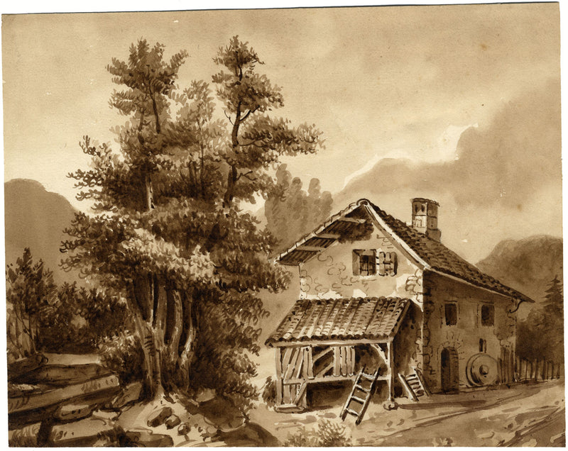 Casa de campo francesa en sepia: acuarela original de principios del siglo XIX