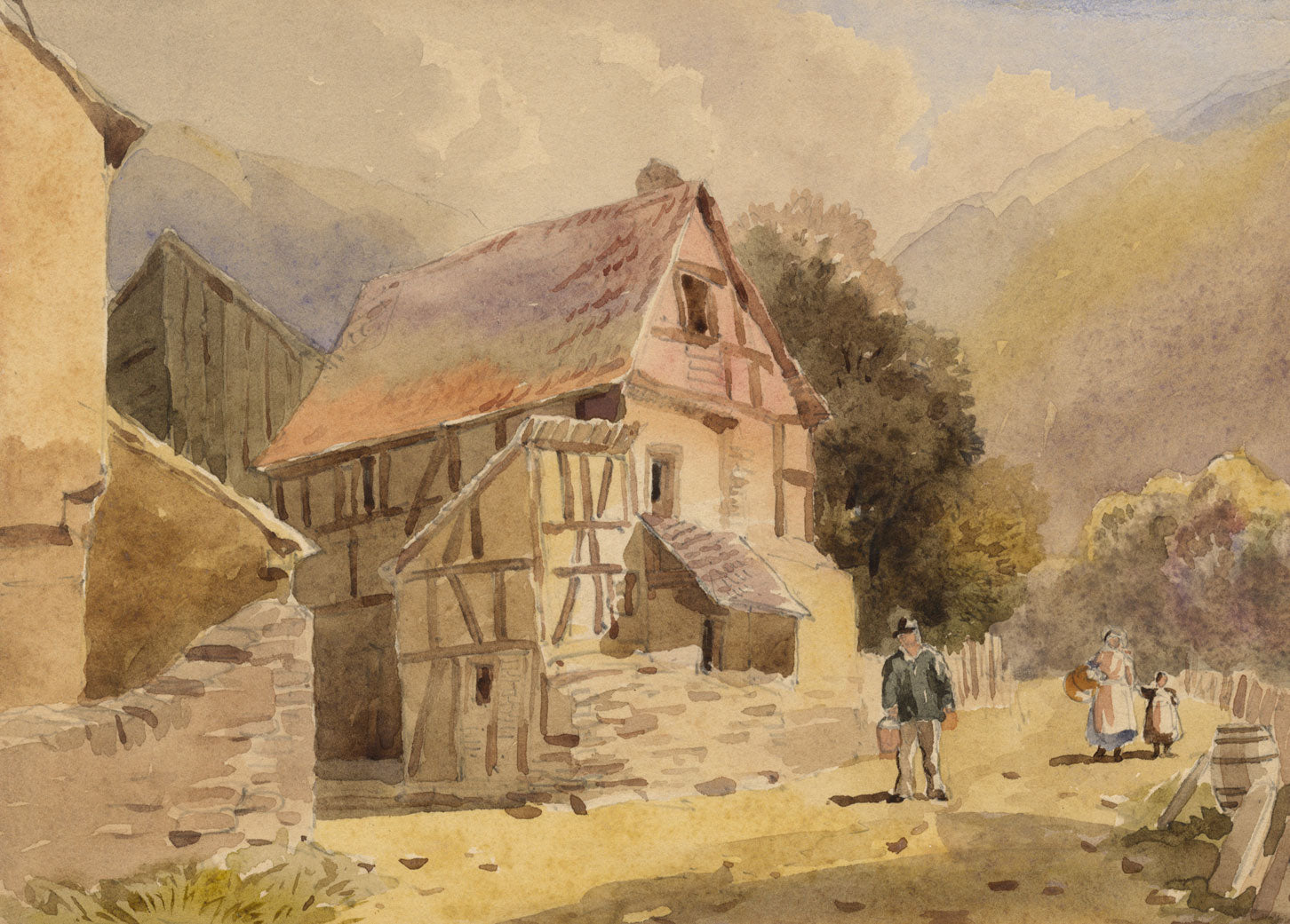 Charles W. Fothergill, Continental House with Figures – late C19th watercolour